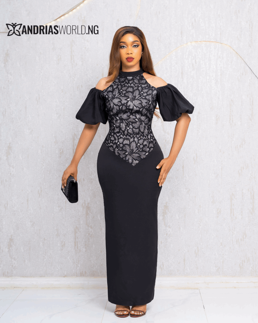 BLACK COLD SHOULDER DRESS WITH LACE